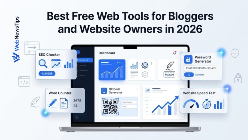Free web tools dashboard for bloggers and website owners showing SEO, writing, QR code, password, and speed tools.
