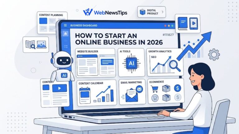Illustration of an online business dashboard with website, SEO, AI tools, content, and growth elements.