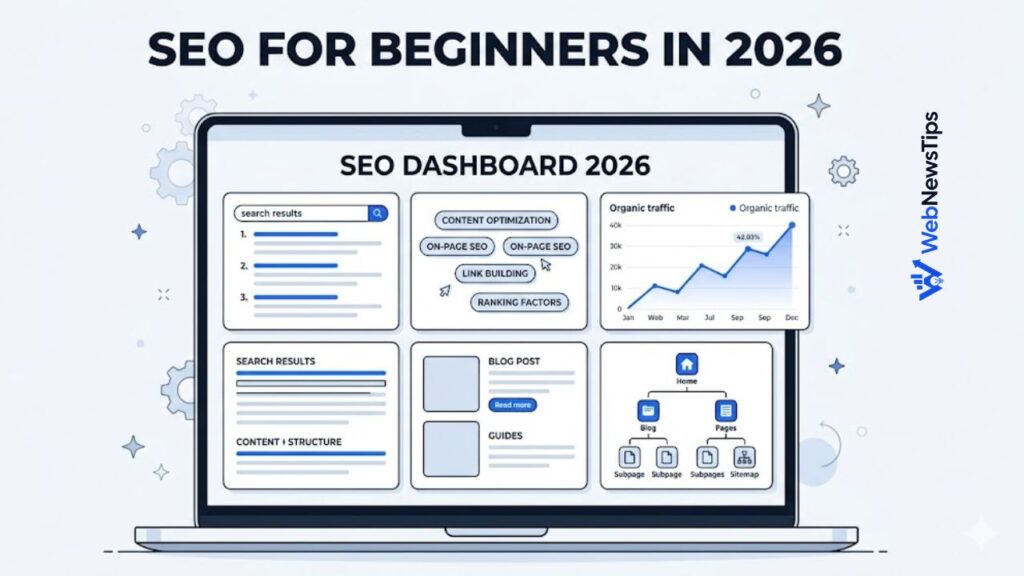 SEO for beginners guide showing website optimization, keyword research, and analytics dashboard.