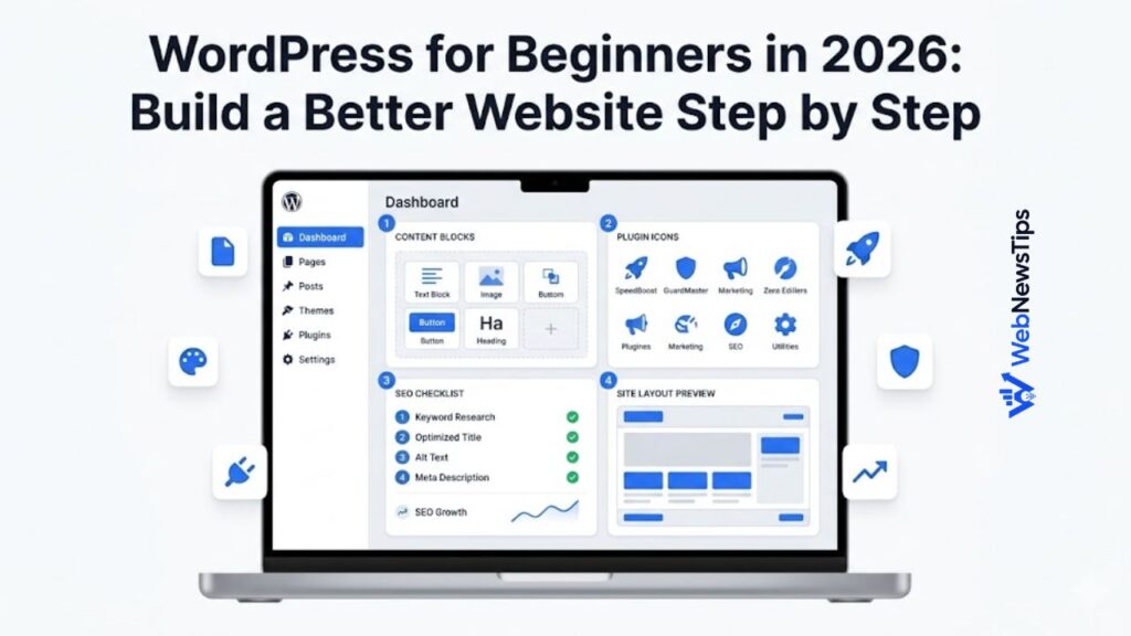 WordPress beginner guide illustration with website dashboard, plugin icons, SEO checklist, and clean website layout.